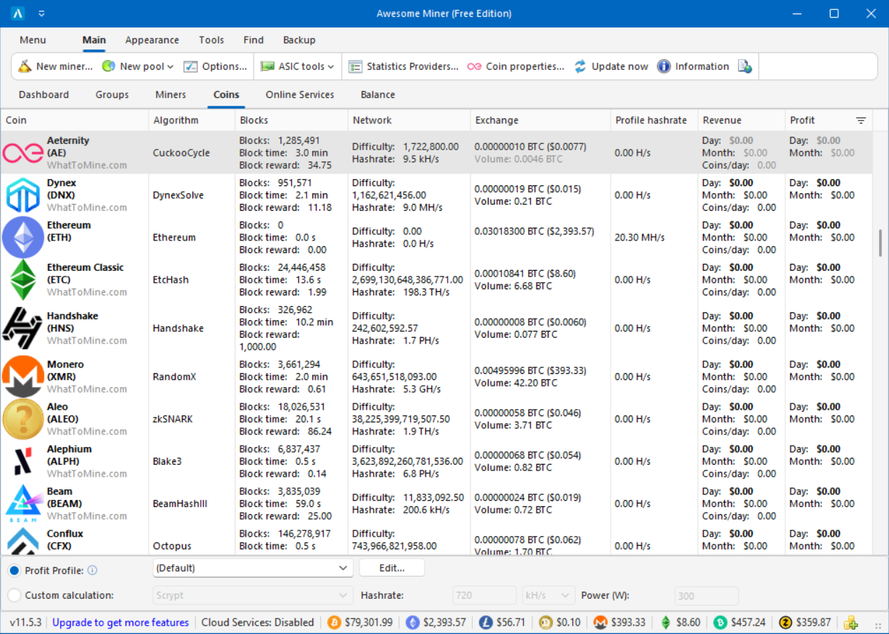 Awesome Miner Coins screen