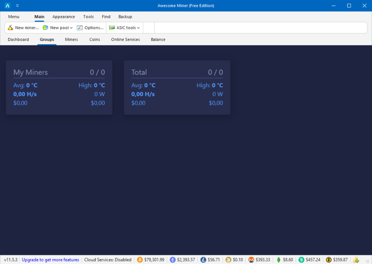 Awesome Miner Groups screen