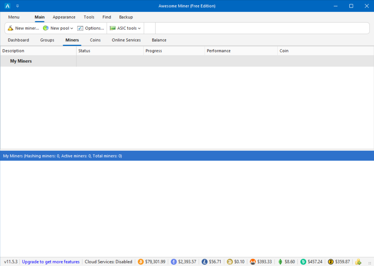 Awesome Miner Miners screen