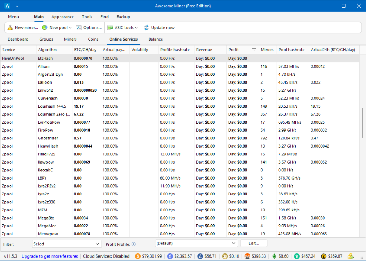 Awesome Miner Online Services screen